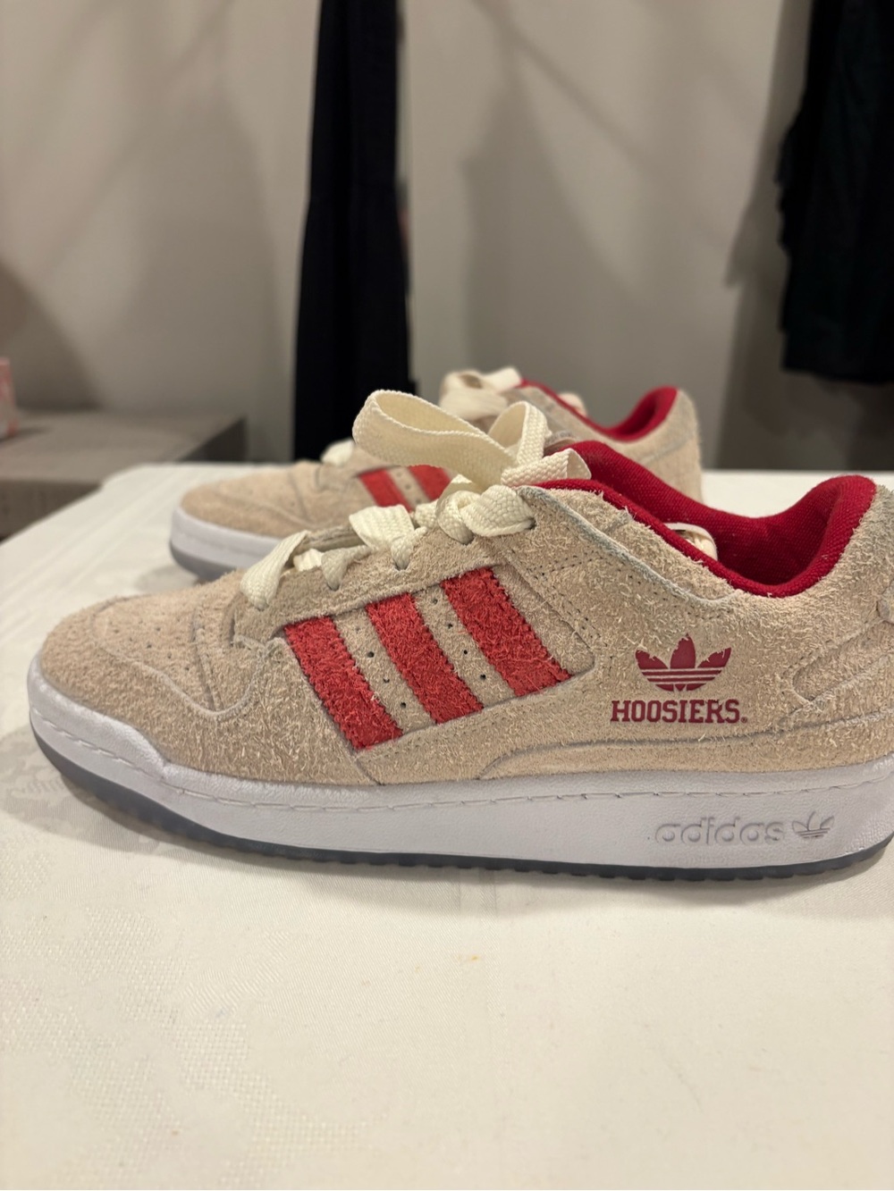 adidas women Beige Suede Sneakers with Red Stripes